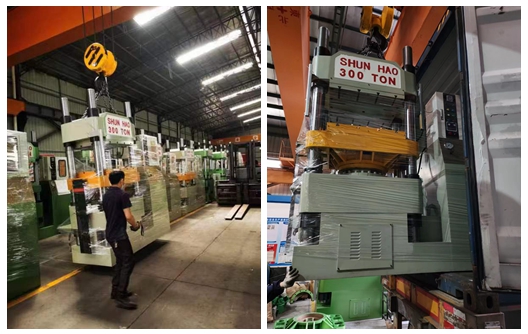 शुन्हाओ फैक्ट्री कस्टम कलर हाइड्रोलिक मेलामाइन वेयर विनिर्माण मशीनों का शिपमेंट